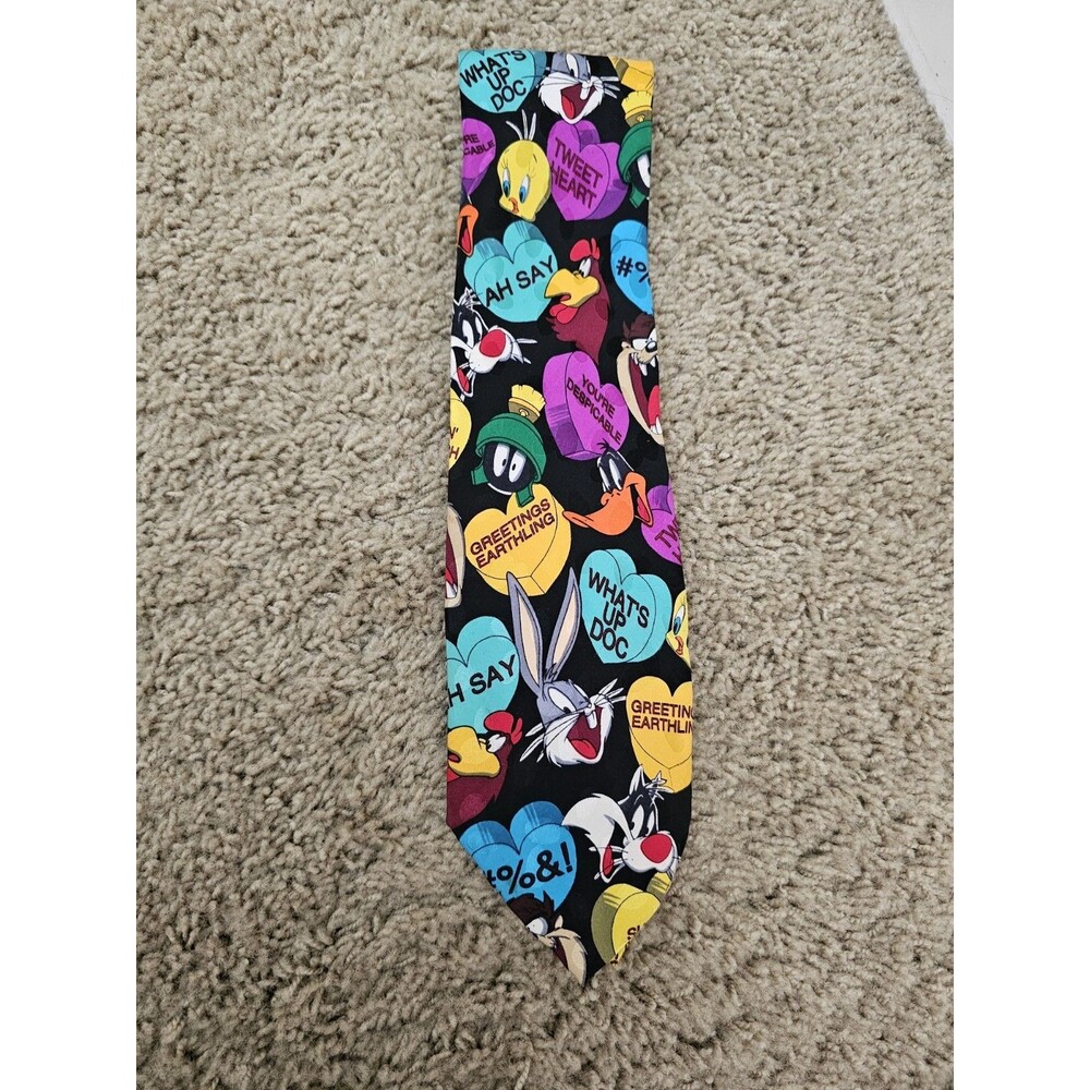 Vintage 1994 Looney Tunes Mania Silk Tie Candy Hearts Valentines Day Bugs Bunny